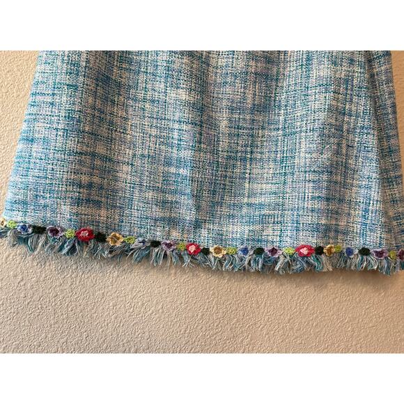 Nanette Lepore Y2K Retro Silk Blue Tweed Pencil Skirt Floral Detail Fringe Sz 8 - Picture 11 of 13